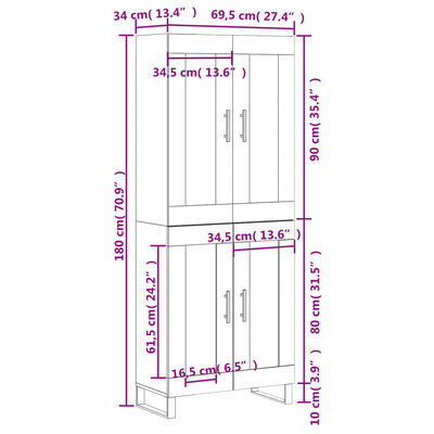 vidaXL Ντουλάπι Γκρι Σκυροδέματος 69,5x34x180 εκ. Επεξεργασμένο Ξύλο