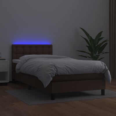 vidaXL Κρεβάτι Boxspring με Στρώμα & LED Καφέ 90x200 εκ. Συνθ. Δέρμα