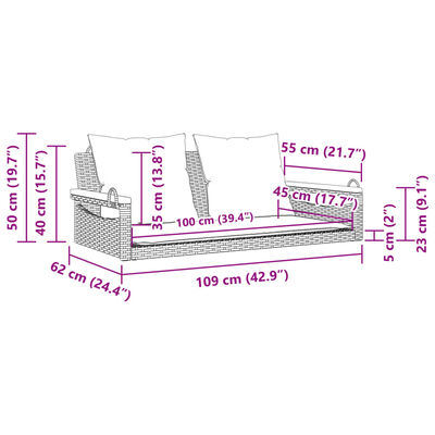 vidaXL Παγκάκι Κουνιστό Γκρι 109x62x40εκ. Συνθετικό Ρατάν με Μαξιλάρια