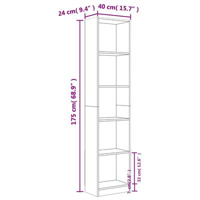 vidaXL Βιβλιοθήκη με 5 Ράφια Γκρι Sonoma 40x24x175 εκ. Επεξεργ. Ξύλο