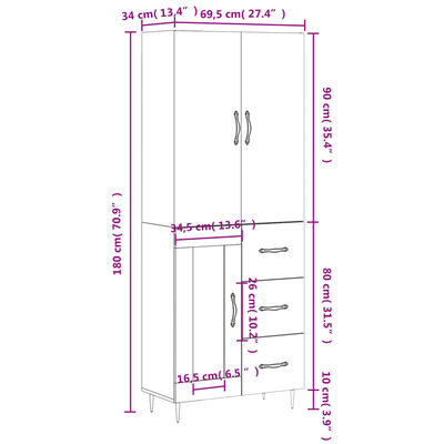 vidaXL Ντουλάπι Λευκό 69,5x34x180 εκ. από Επεξεργασμένο Ξύλο