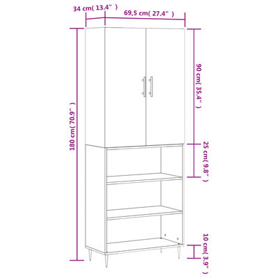 vidaXL Ντουλάπι Γκρι Sonoma 69,5 x 34 x 180 εκ. Επεξεργασμένο Ξύλο