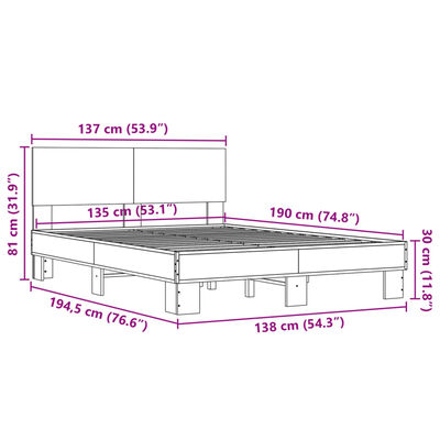 vidaXL Πλαίσιο Κρεβατιού Sonoma Δρυς 135x190 εκ. Επεξ. Ξύλο & Μέταλλο