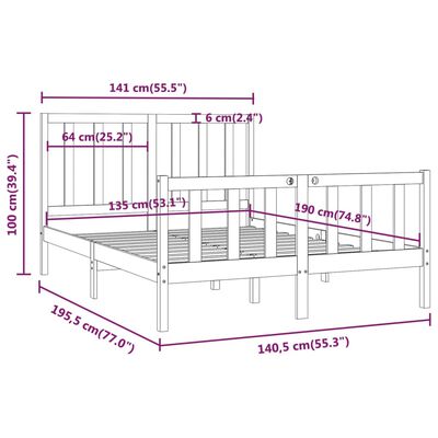 vidaXL Πλαίσιο Κρεβατιού Μαύρο 135x190 εκ. από Μασίφ Ξύλο Double