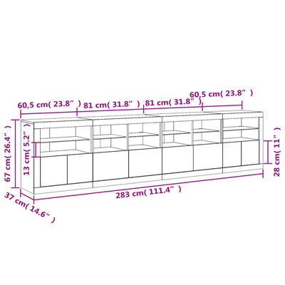 vidaXL Μπουφές με LED Καπνιστή Δρυς 283 x 37 x 67 εκ.