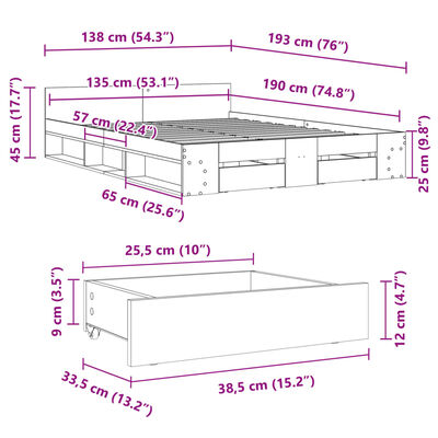 vidaXL Πλαίσιο Κρεβατιού με Συρτάρια Μαύρο 135x190 εκ Επεξεργ. Ξύλο