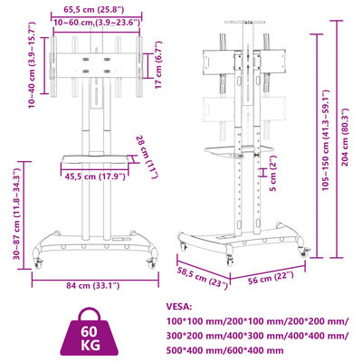 vidaXL Βάση Τηλεόρασης με Τροχούς 32-70Ιν. Max VESA 600x400χιλ. 60κ.