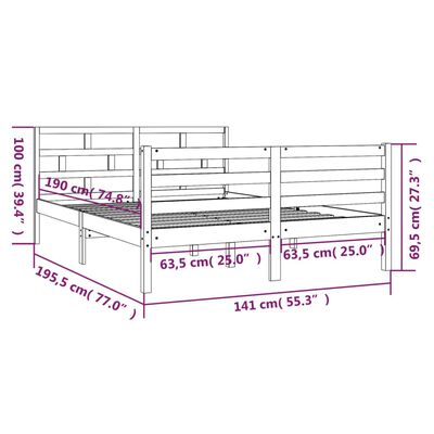 vidaXL Πλαίσιο Κρεβατιού 135 x 190 εκ. από Μασίφ Ξύλο Double