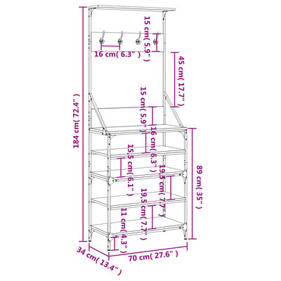 vidaXL Κρεμάστρα Ρούχων με Παπουτσοθήκη Γκρι Sonoma 70x34x184 εκ.