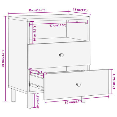 vidaXL Κομοδίνο 50 x 33 x 60 εκ. από Μασίφ Ξύλο Μάνγκο