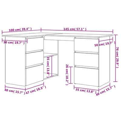 vidaXL Γραφείο Γωνιακό Λευκό 145 x 100 x 76 εκ. από Επεξ. Ξύλο