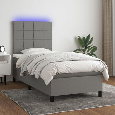 vidaXL Κρεβάτι Boxspring με Στρώμα & LED Σκ.Γκρι 90x200 εκ. Υφασμάτινο