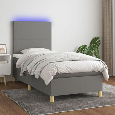 vidaXL Κρεβάτι Boxspring με Στρώμα & LED Σκ.Γκρι 90x200 εκ. Υφασμάτινο