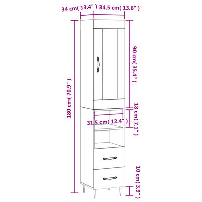 vidaXL Ντουλάπι Λευκό 34,5 x 34 x 180 εκ. από Επεξεργασμένο Ξύλο