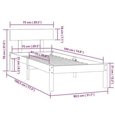 vidaXL Πλαίσιο Κρεβατιού Μαύρο 75 x 190εκ. από Μασίφ Ξύλο Small Single