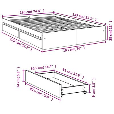 vidaXL Πλαίσιο Κρεβατιού με Συρτάρια Μαύρο 135x190 εκ Επεξεργ. Ξύλο