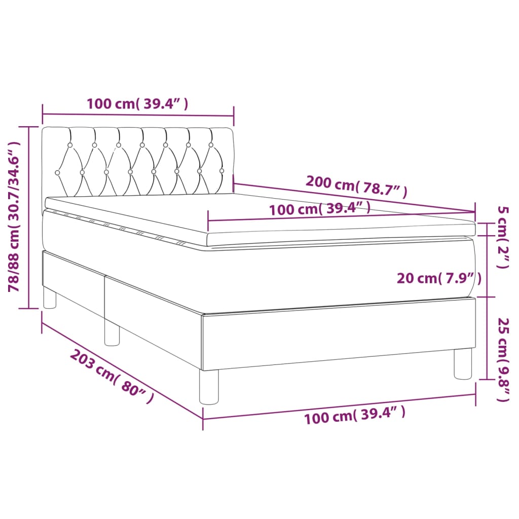 vidaXL Κρεβάτι Boxspring με Στρώμα & LED Σκ. Πράσινο 100x200εκ Βελούδο