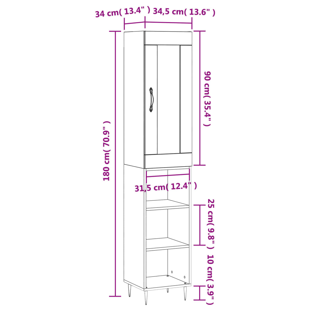 vidaXL Ντουλάπι Καφέ Δρυς 34,5 x 34 x 180 εκ. από Επεξεργασμένο Ξύλο