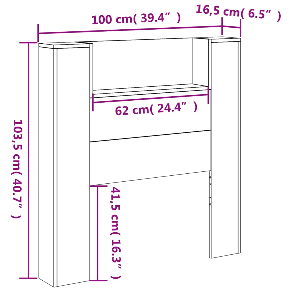 vidaXL Κεφαλάρι με Αποθηκ. Χώρο & LED Γκρι Sonoma 100x16,5x103,5 εκ.