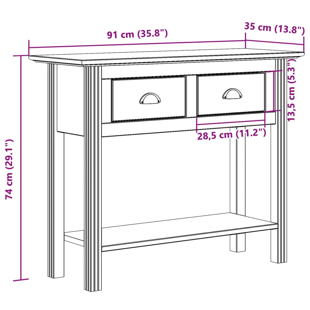 vidaXL Τραπέζι Κονσόλα BODO Καφέ 91x35x74 εκ. Μασίφ Ξύλο Πεύκου