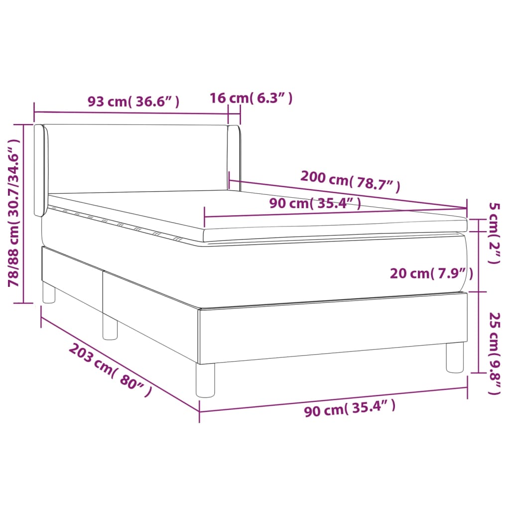 vidaXL Κρεβάτι Boxspring με Στρώμα Μαύρο 90x200εκ. από Συνθετικό Δέρμα