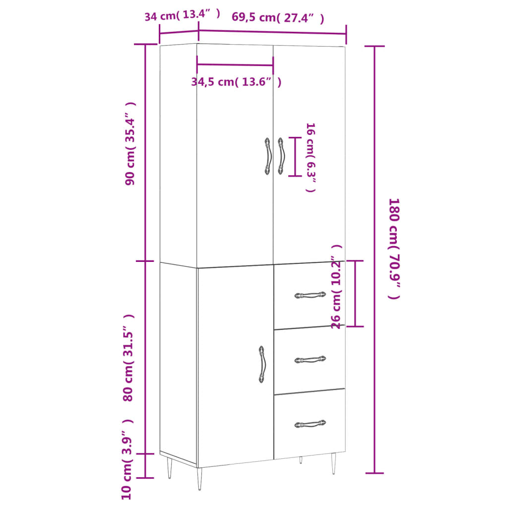 vidaXL Ντουλάπι Καφέ Δρυς 69,5 x 34 x 180 εκ. από Επεξεργασμένο Ξύλο