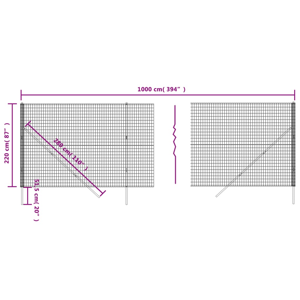 vidaXL Συρματόπλεγμα Περίφραξης Ανθρακί 2,2x10 μ. Γαλβανισμένο Ατσάλι