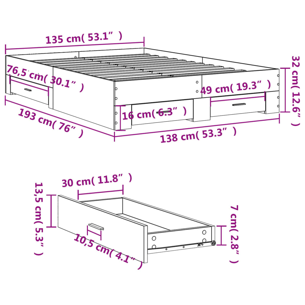 vidaXL Πλαίσιο Κρεβατιού με Συρτάρια Μαύρο 135x190 εκ Επεξεργ. Ξύλο