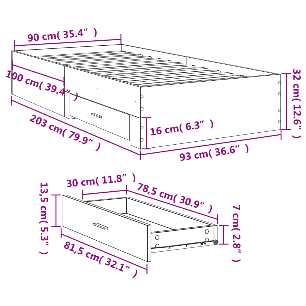 vidaXL Πλαίσιο Κρεβατιού με συρτάρια Sonoma Δρυς 90x200εκ. Επεξ. Ξύλο