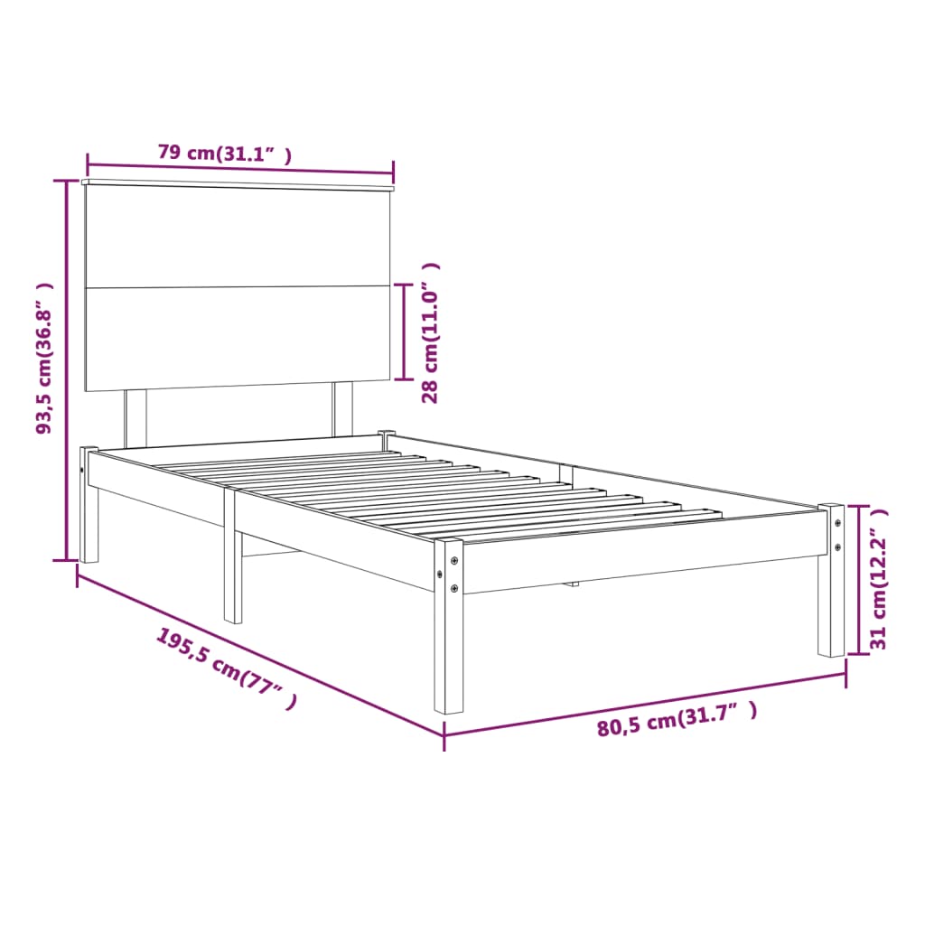 vidaXL Πλαίσιο Κρεβατιού Μελί 75x190 εκ. Ξύλο Πεύκου Small Single