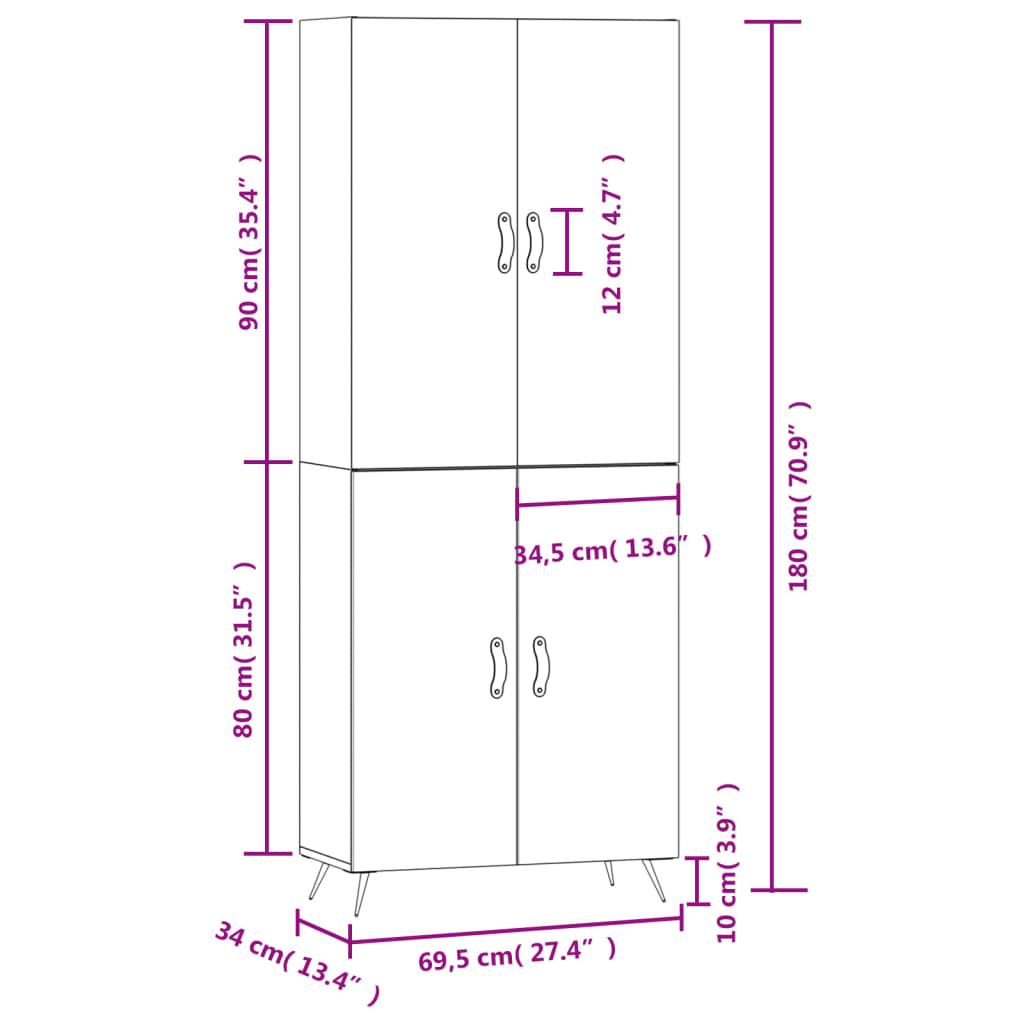 vidaXL Ντουλάπι Γκρι Σκυροδέματος 69,5x34x180 εκ. Επεξεργασμένο Ξύλο