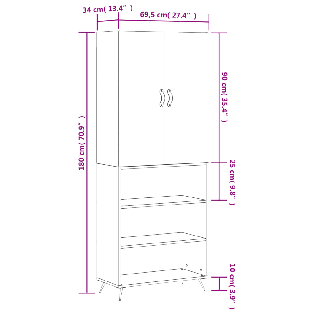 vidaXL Ντουλάπι Γκρι Σκυροδέματος 69,5x34x180 εκ. Επεξεργασμένο Ξύλο