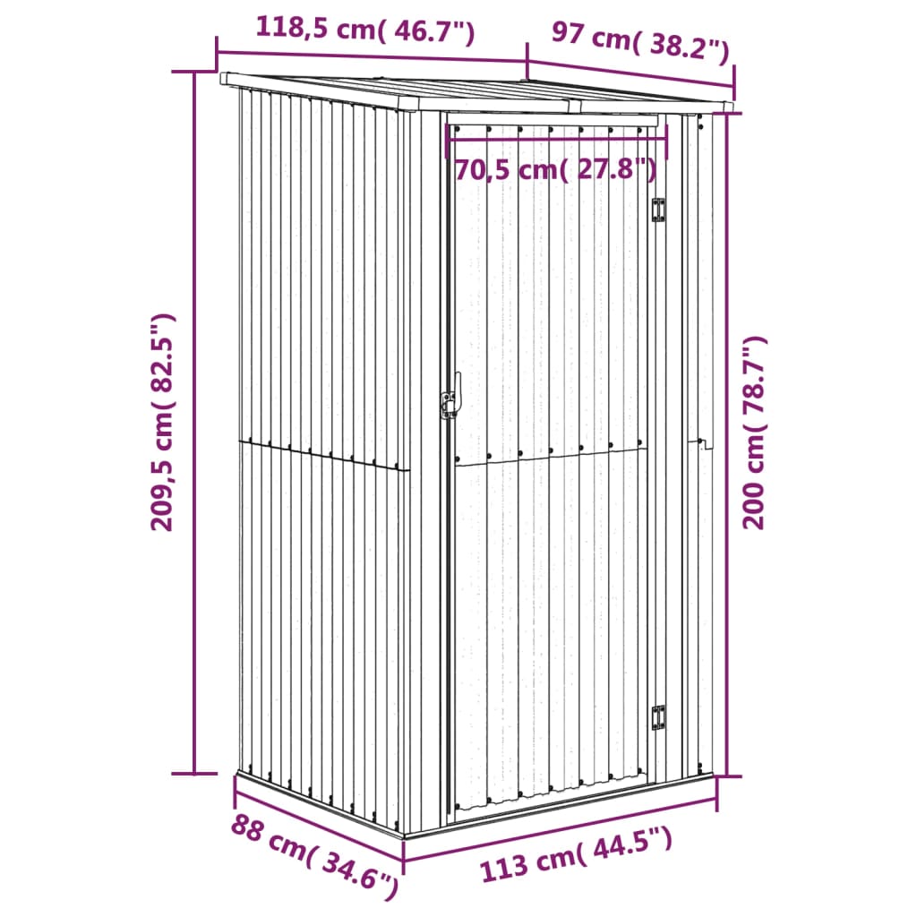 vidaXL Αποθήκη Κήπου Γκρι 118,5 x 97 x 209,5 εκ. Γαλβανισμένο Ατσάλι