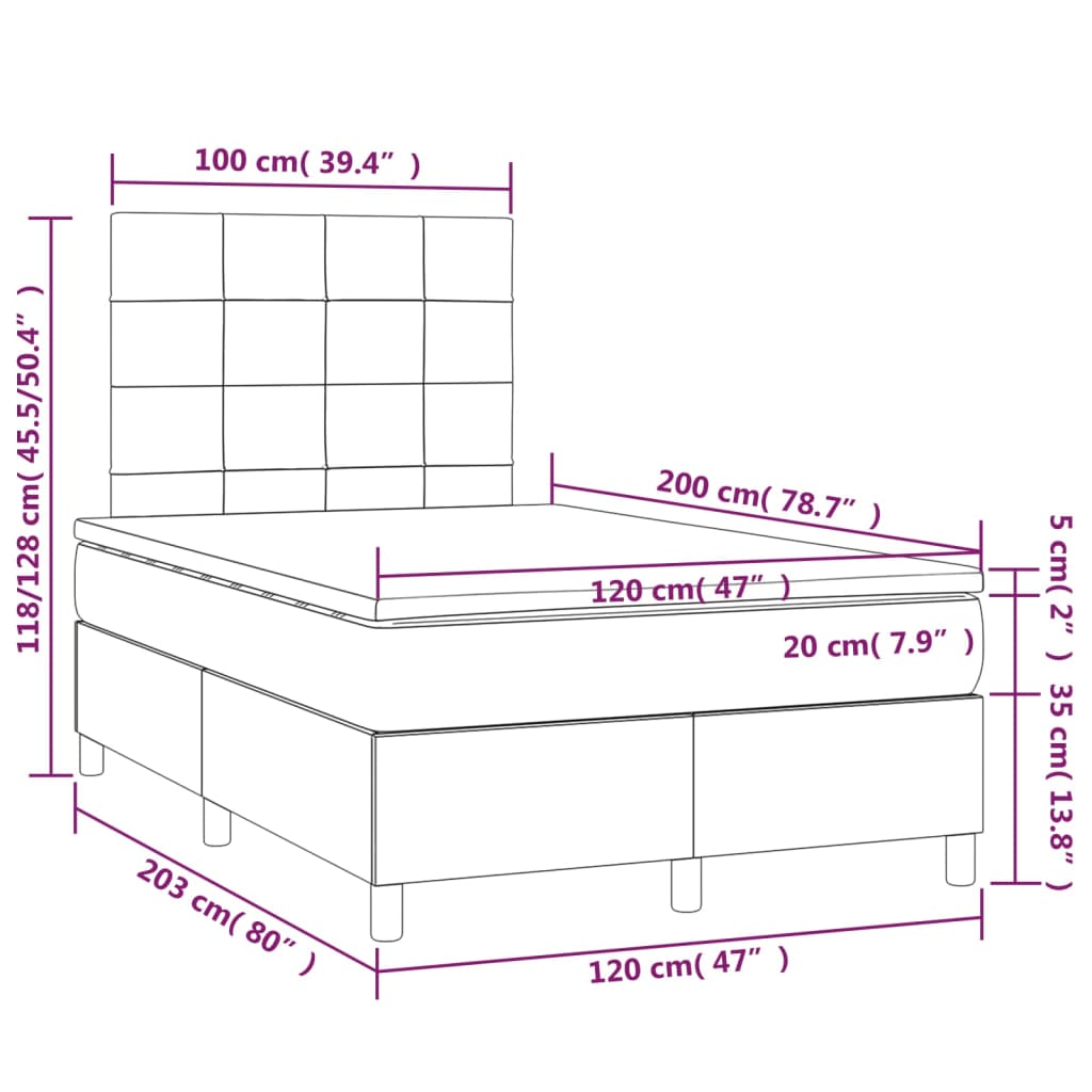 vidaXL Κρεβάτι Boxspring με Στρώμα & LED Ροζ 120x200 εκ. Βελούδινο