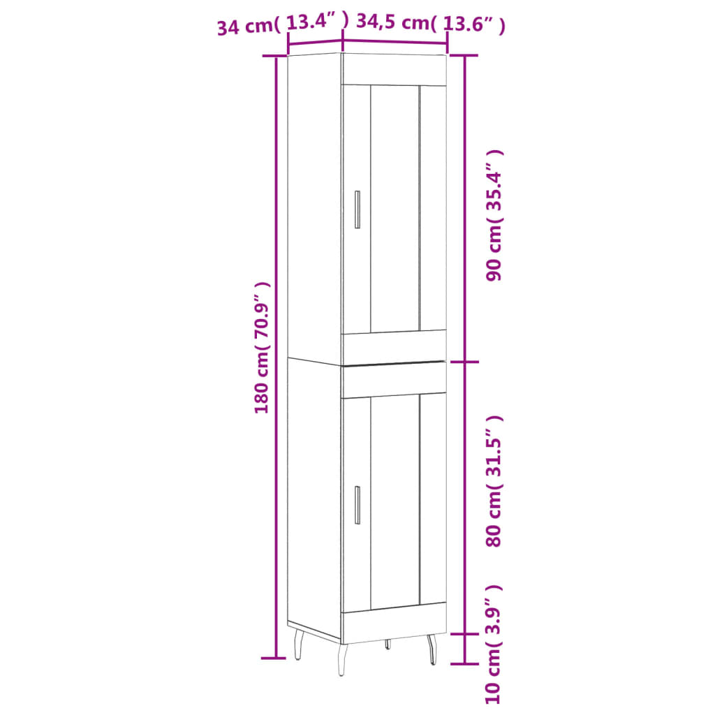 vidaXL Μπουφές Sonoma Γκρι 34,5 x 34 x 180 εκ. από Επεξεργασμένο Ξύλο