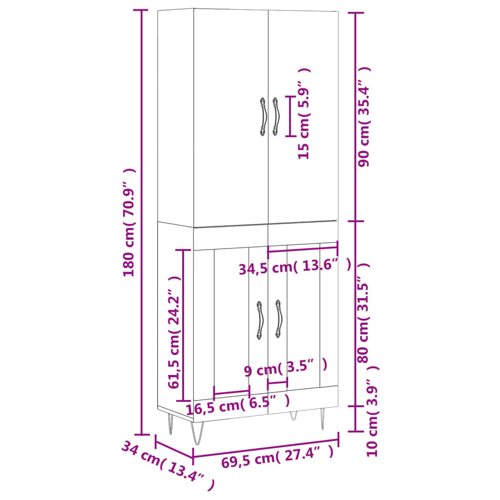 vidaXL Ντουλάπι Γυαλιστερό Λευκό 69,5x34x180 εκ. Επεξεργασμένο Ξύλο