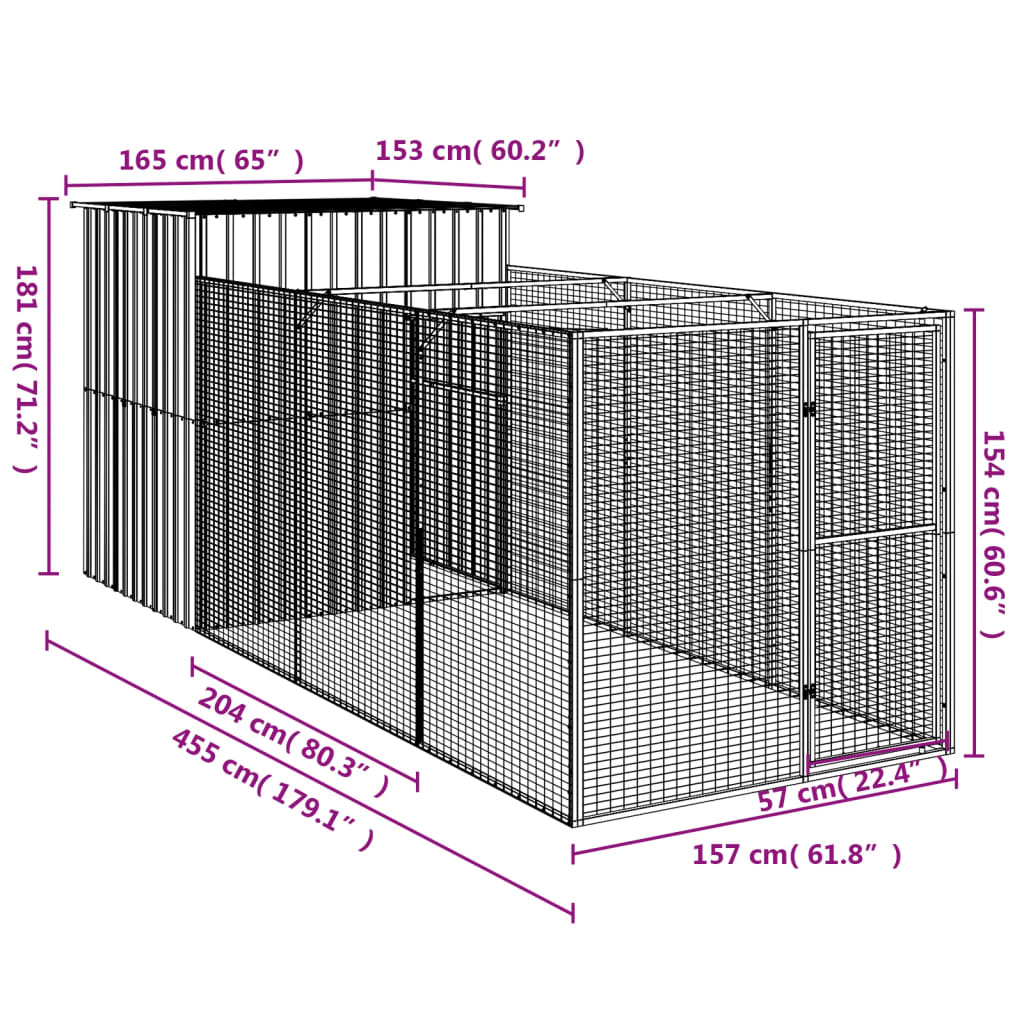 vidaXL Σπιτάκι Σκύλου με Αυλή Αν. Γκρι 165x455x181 εκ. Γαλβαν. Χάλυβας