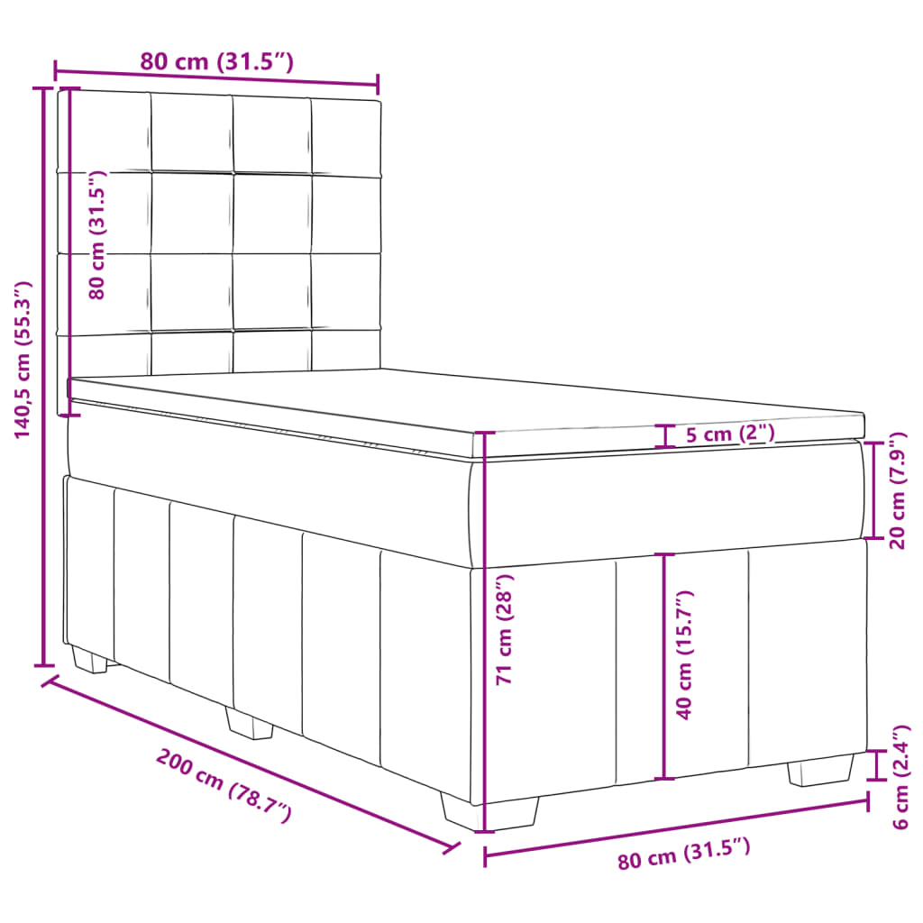 vidaXL Κρεβάτι Boxspring με Στρώμα Μαύρο 80 x 200 εκ. Υφασμάτινο