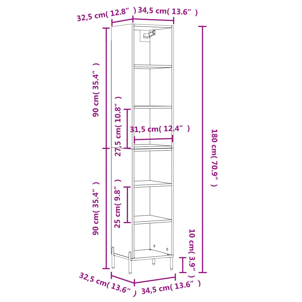 vidaXL Ντουλάπι Λευκό 34,5 x 32,5 x 180 εκ. από Επεξεργασμένο ξύλο