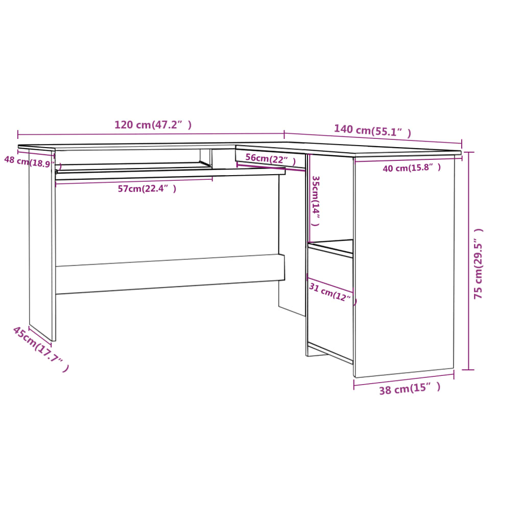 vidaXL Γραφείο Γωνιακό Λευκό 120 x 140 x 75 εκ. από Επεξ. Ξύλο