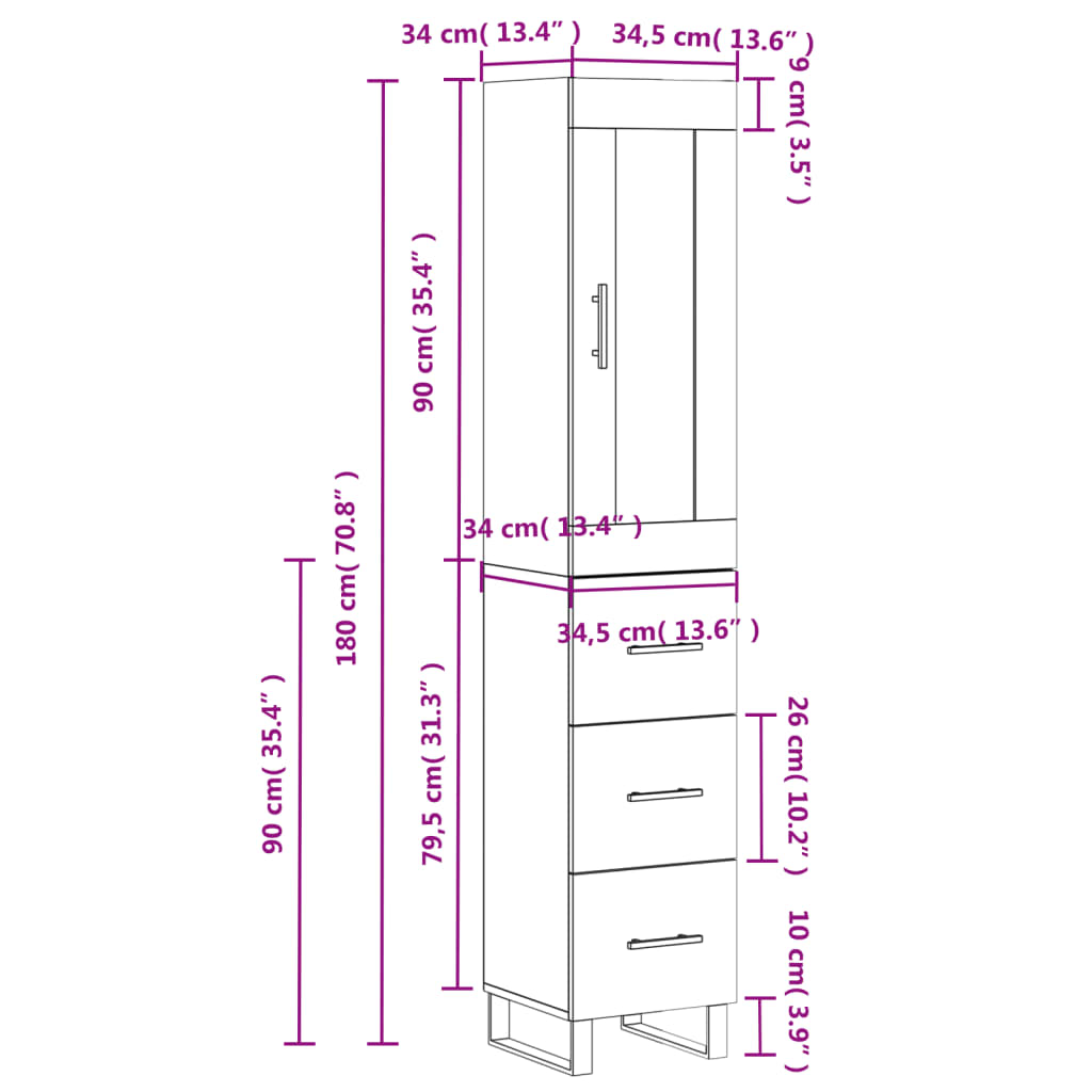 vidaXL Μπουφές Sonoma Γκρι 34,5 x 34 x 180 εκ. από Επεξεργασμένο Ξύλο