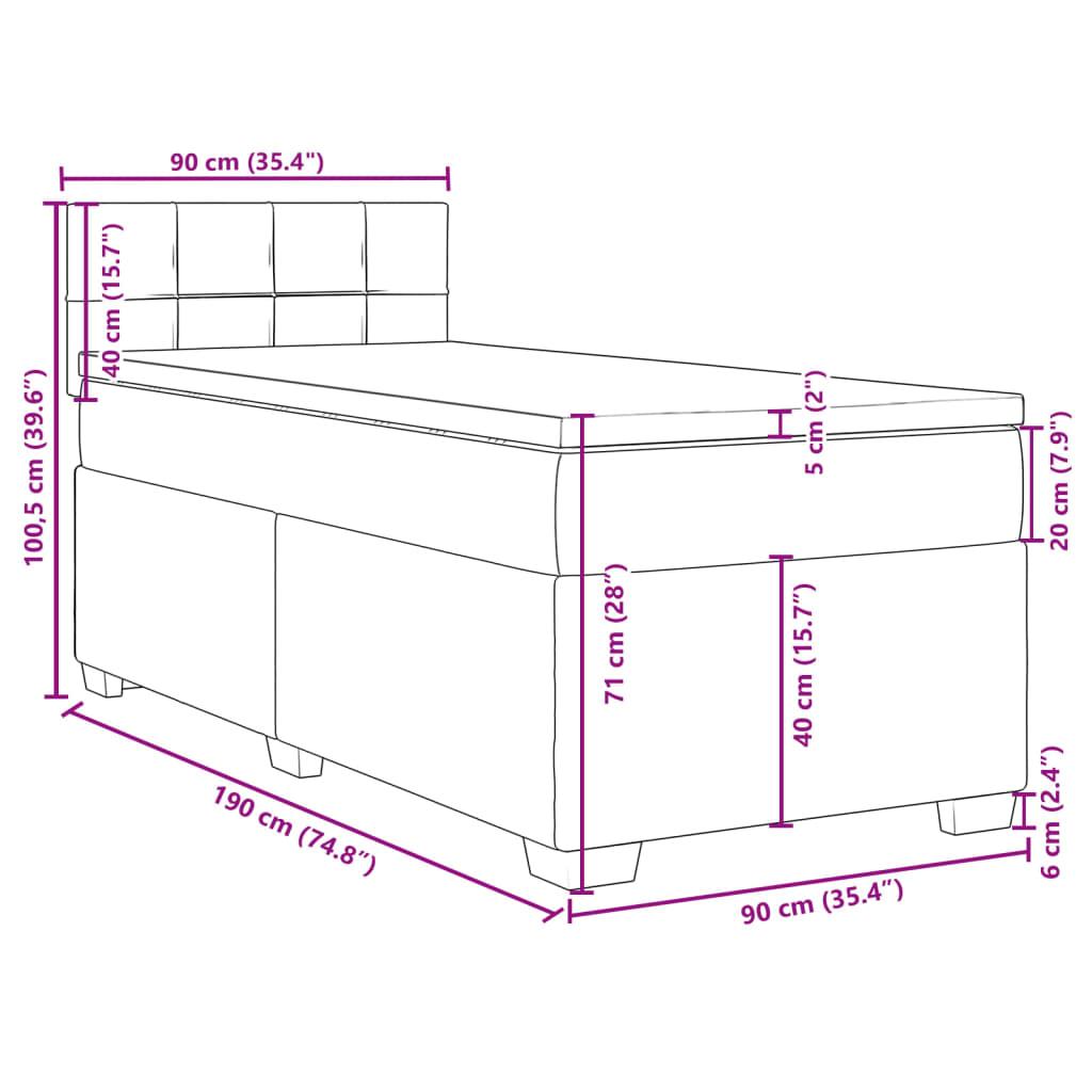 vidaXL Κρεβάτι Boxspring με Στρώμα Μαύρο 90x190 εκ.Υφασμάτινο