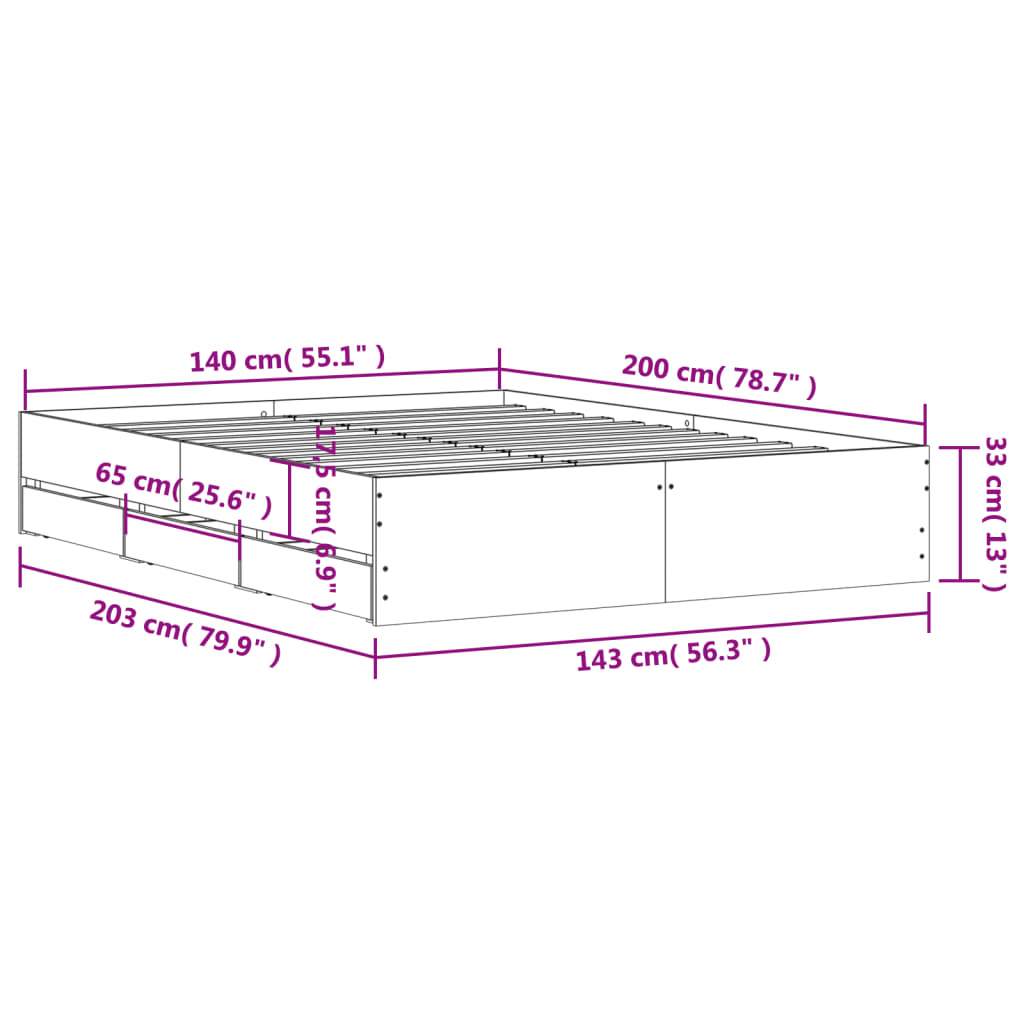 vidaXL Πλαίσιο Κρεβατιού με συρτάρια Γκρι sonoma 140x200εκ. Επεξ. Ξύλο