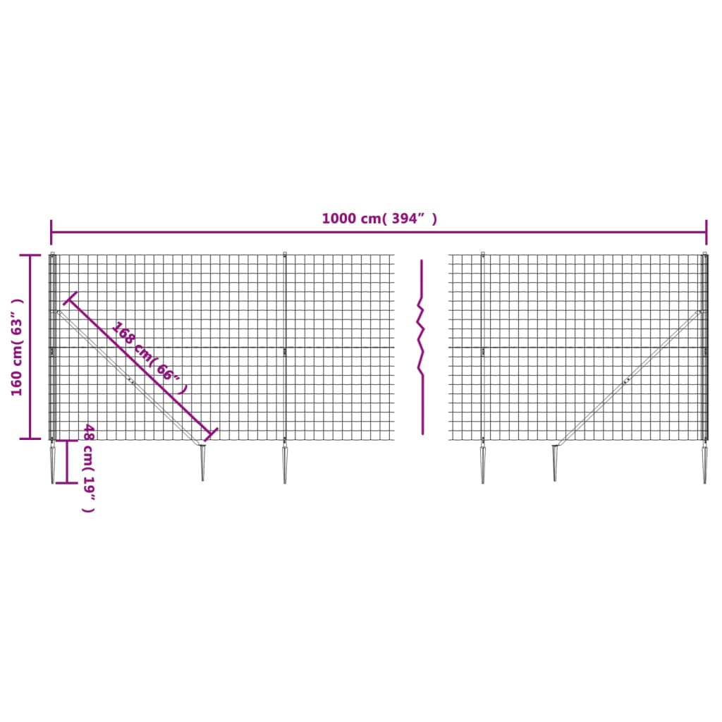 vidaXL Συρματόπλεγμα Περίφραξης Ανθρακί 1,6 x 10 μ. με Καρφωτές Βάσεις