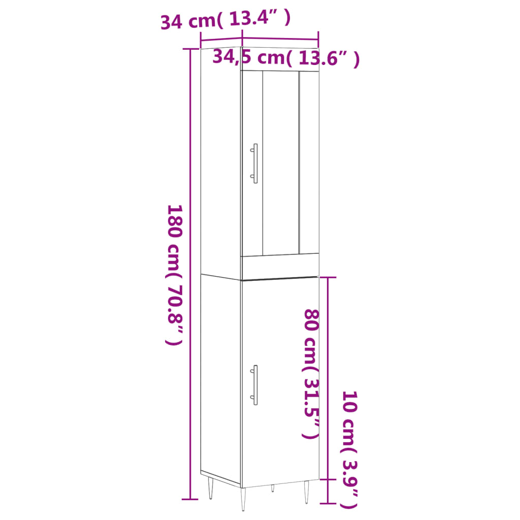 vidaXL Ντουλάπι Λευκό 34,5 x 34 x 180 εκ. από Επεξεργασμένο Ξύλο