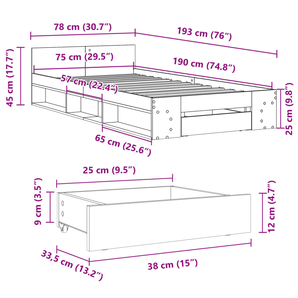 vidaXL Πλαίσιο Κρεβατιού με Συρτάρια Καφέ Δρυς 75x190 εκ.