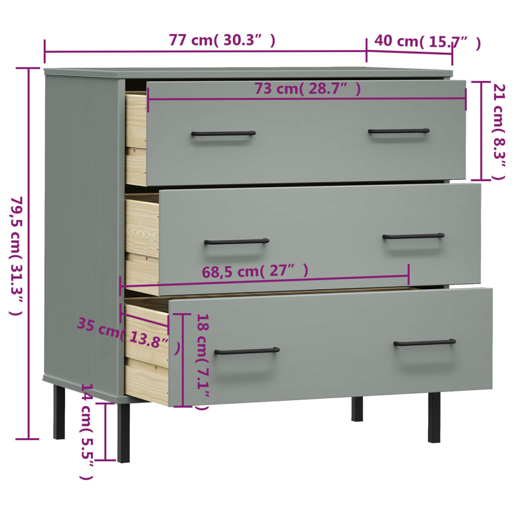 vidaXL Ντουλάπι OSLO με 3 Συρτάρια Γκρι 77x40x79,5 εκ. Μασίφ Ξύλο