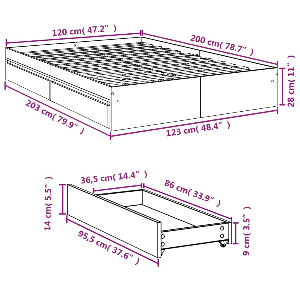 vidaXL Πλαίσιο Κρεβατιού με συρτάρια Γκρι sonoma 120x200εκ. Επεξ. Ξύλο