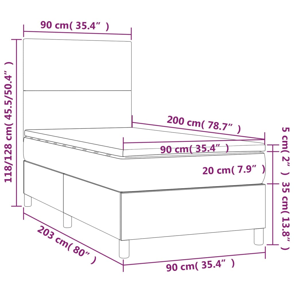 vidaXL Κρεβάτι Boxspring με Στρώμα & LED Σκ.Γκρι 90x200 εκ. Υφασμάτινο