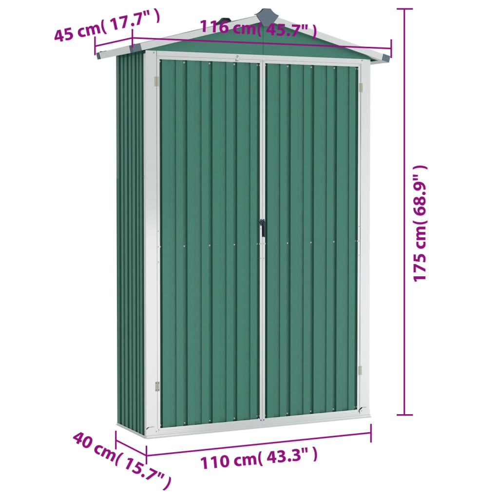 vidaXL Αποθήκη Κήπου Πράσινη 116x45x175 εκ. από Γαλβανισμένο Ατσάλι